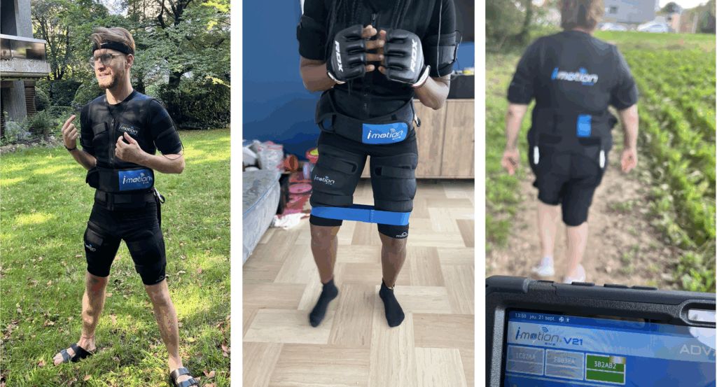 Coaching EMS à Genève avec la technologie i-motion : séance en extérieur, renforcement à domicile avec bande de résistance, et marche active avec suivi digital
